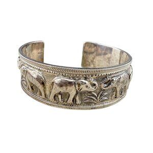 Sterling Silver Elephant Cuff Bracelet Embossed Safari Design Tribal Jewelry 925